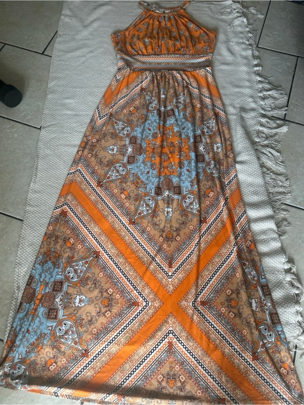 Boho Halter Maxi Dress in Orange and Light Blue